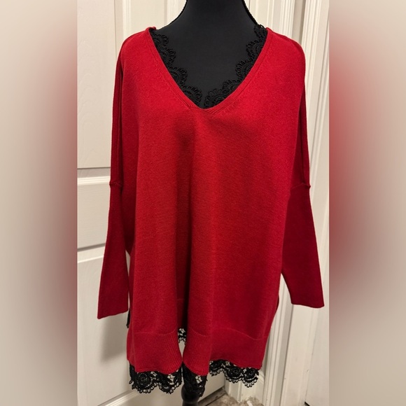 NWT Chico's Red V-Neck Sweater with Black Lace Trim - Picture 1 of 12